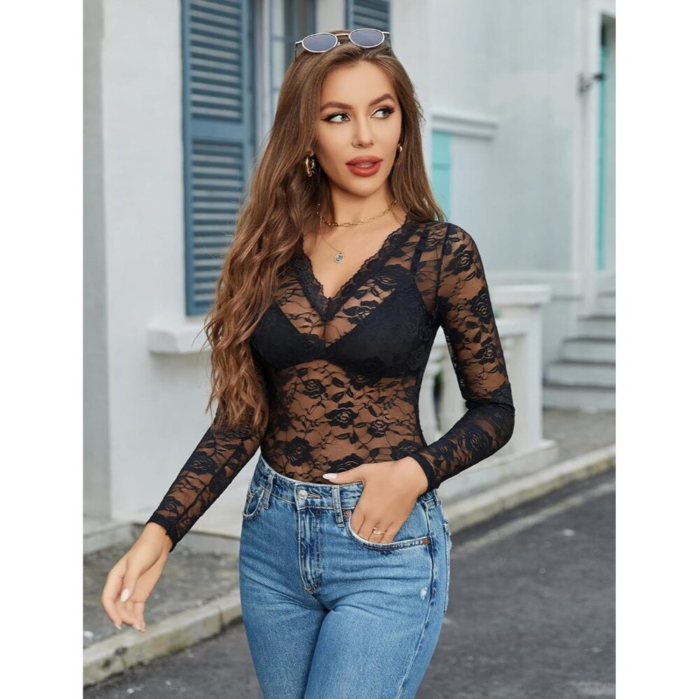 Women Mesh Top Sheer Lace Long Sleeve V-Neck Floral Blouse Under Shirts - Picture 8 of 8